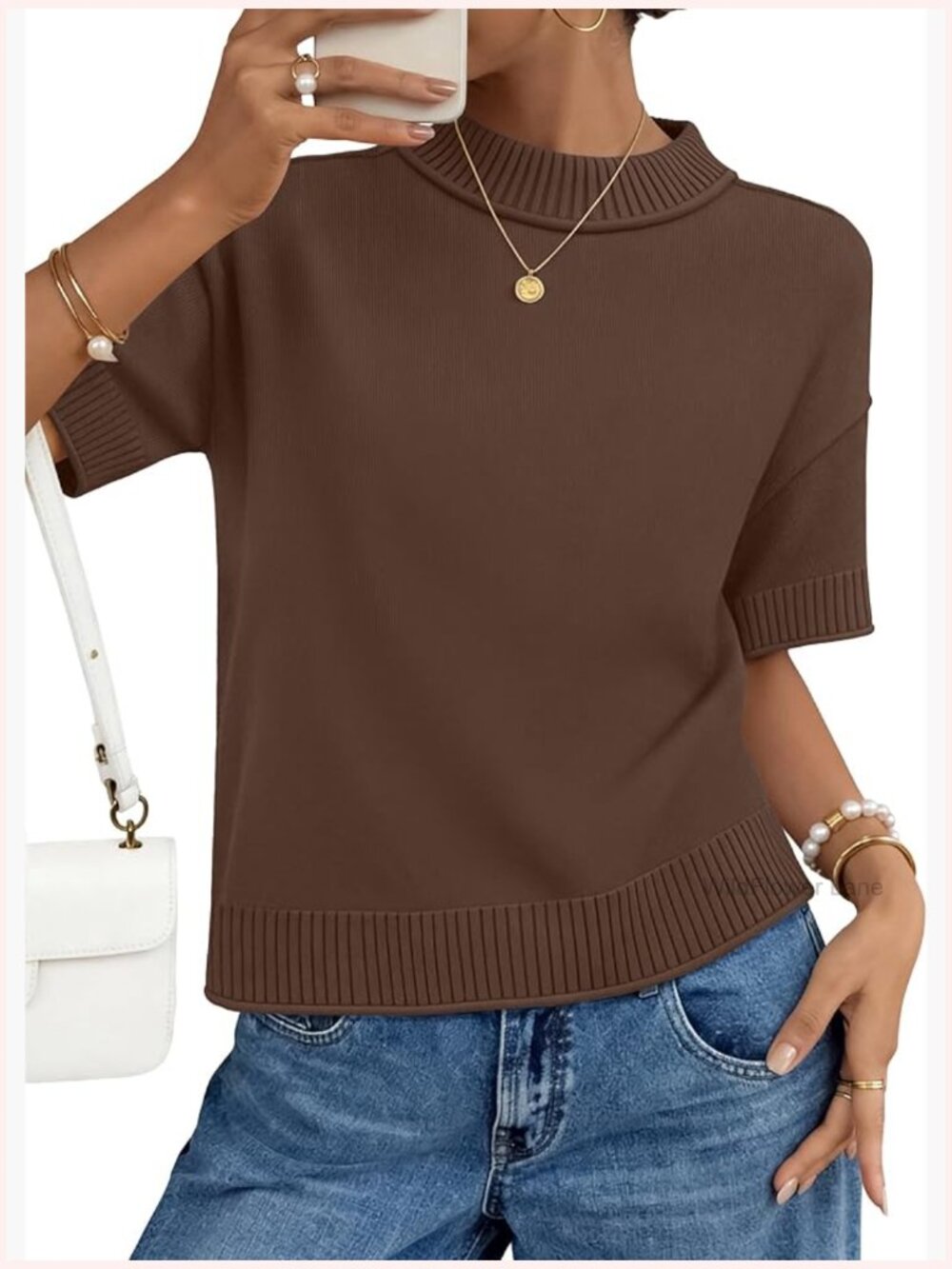 Womens Short Sleeve Sweater Rolled Edge Knit Top Blouse Work Casual